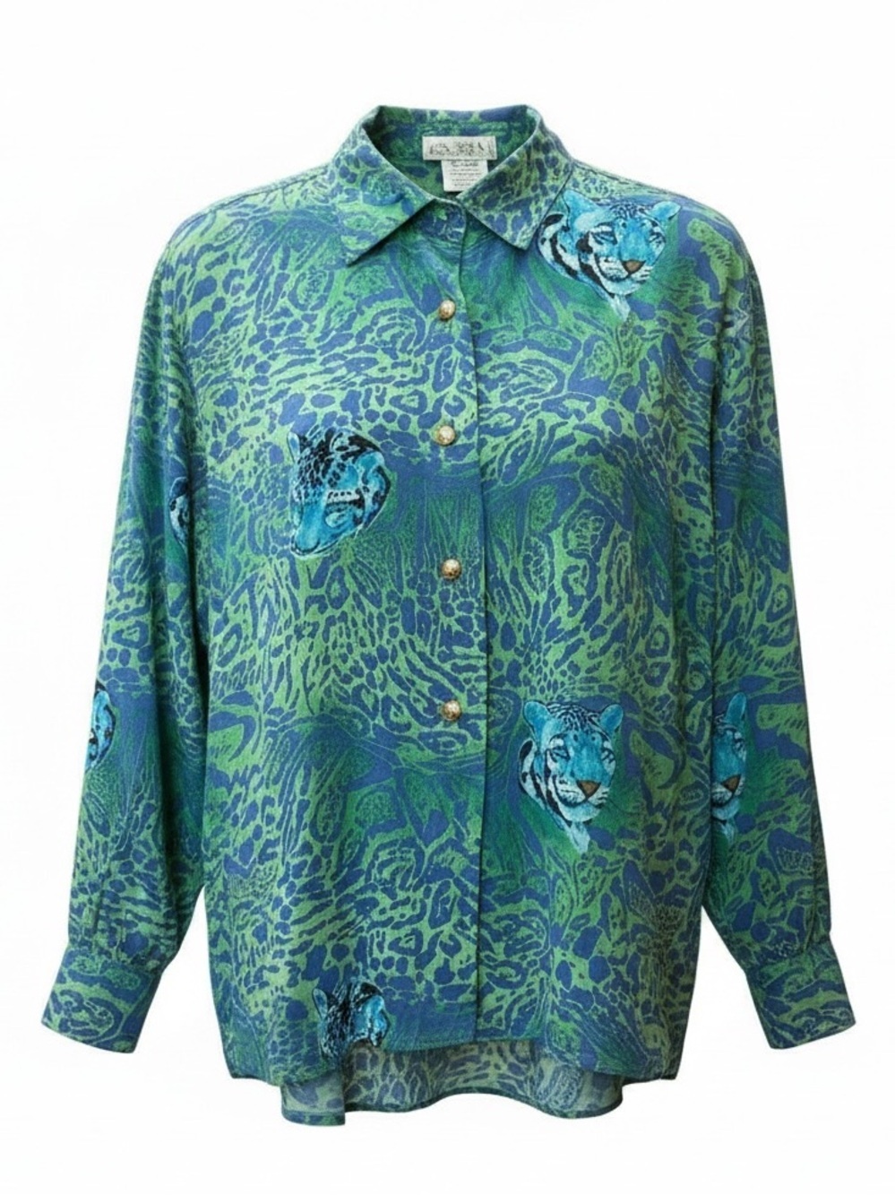 Escada Vintage ‘80s 100% Silk Animal Print L Shirt Tiger Motif Green Blue Blouse